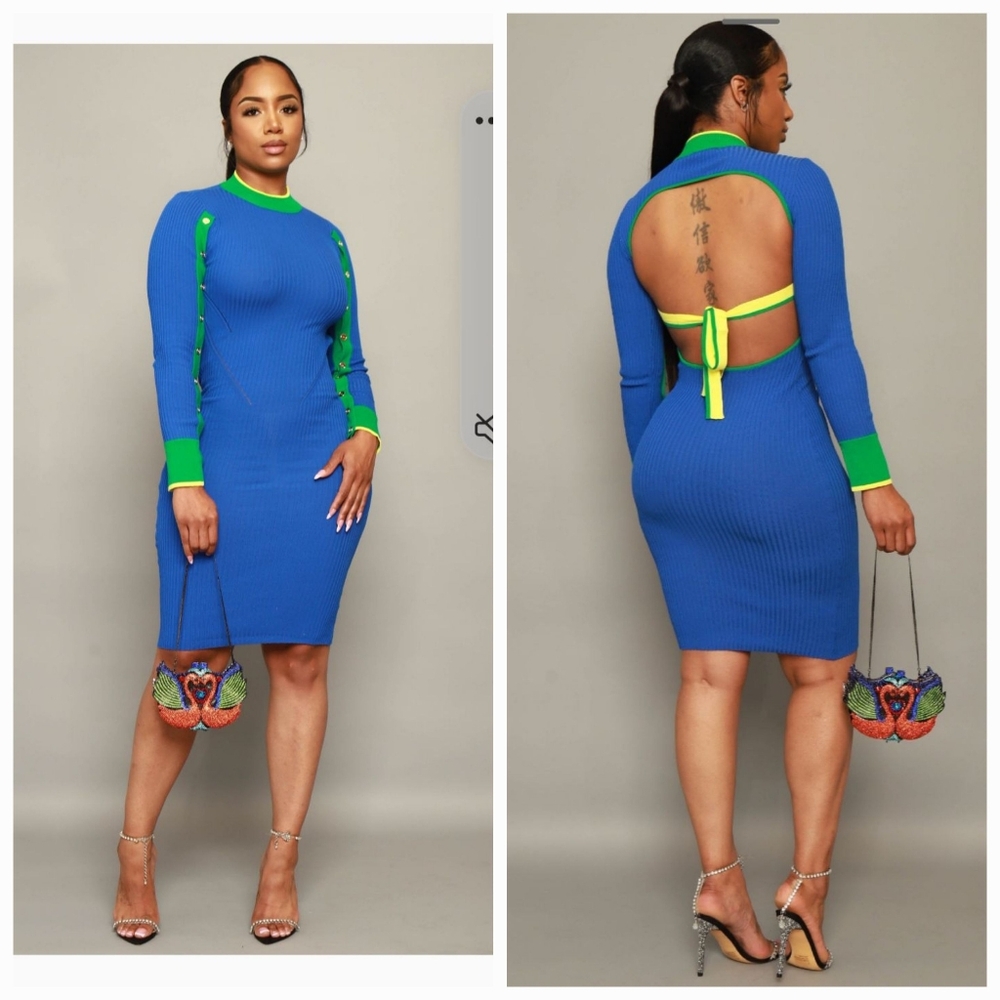 SwankAPosh Switch Sides Open Back Midi Dress - Blue